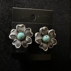 Silver and Blue Floral Screw back Earrings with Textured Petals